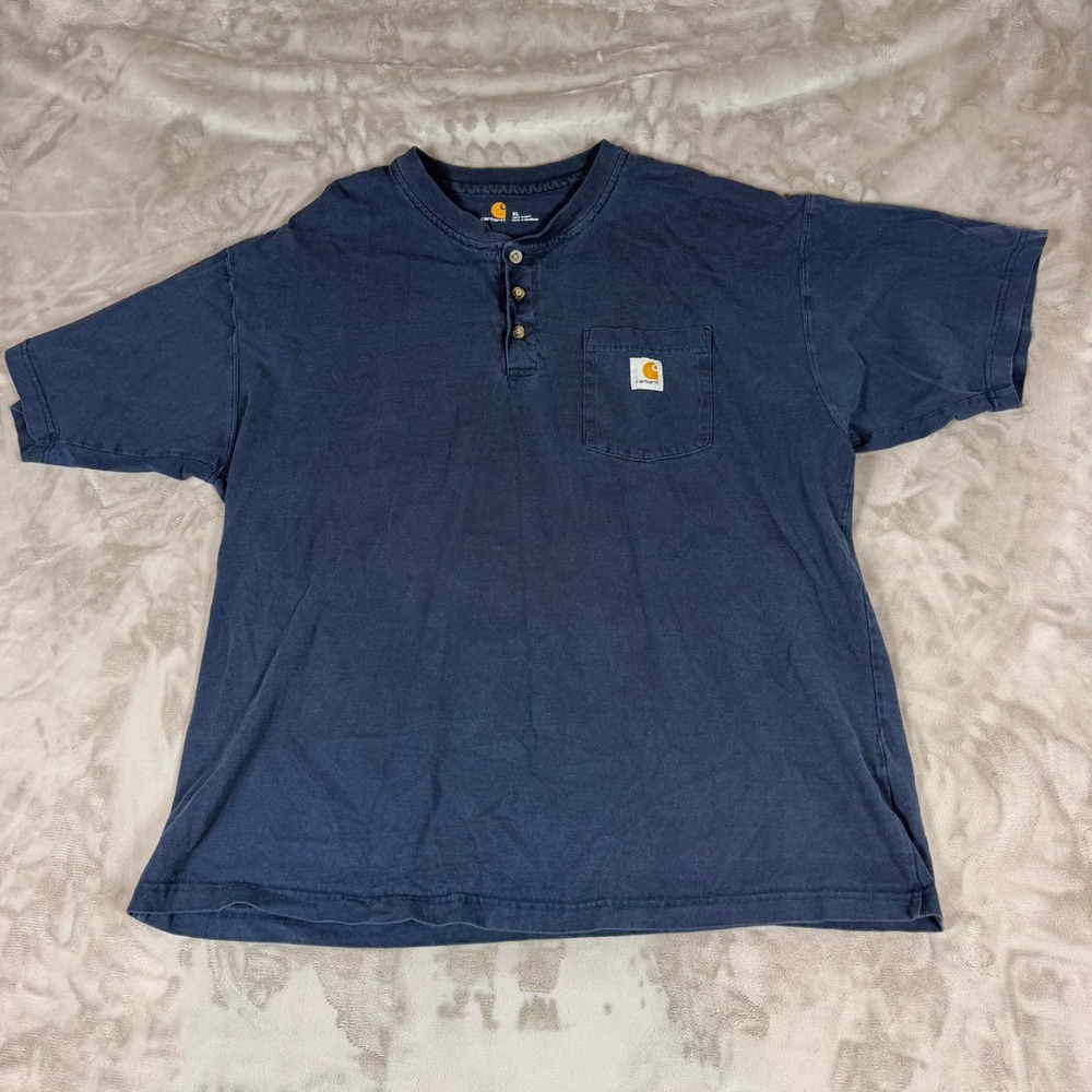 Carhartt Mens XL Navy Blue Short Sleeve Henley Pocket T-Shirt Cotton Workwear